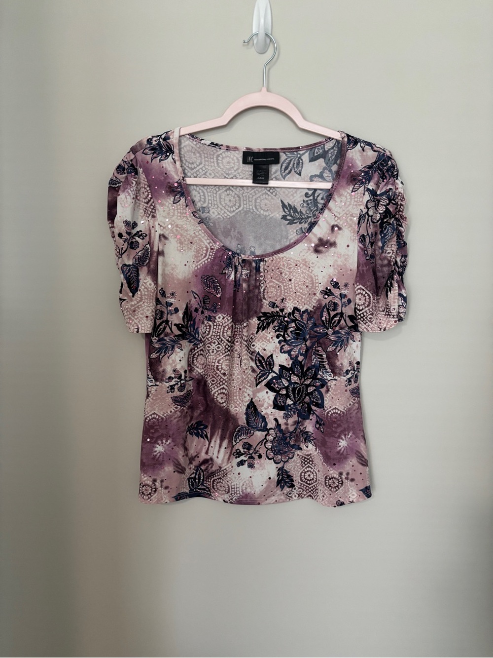 INC International Concepts Purple Floral Scoop Neck Short Sleeve Top